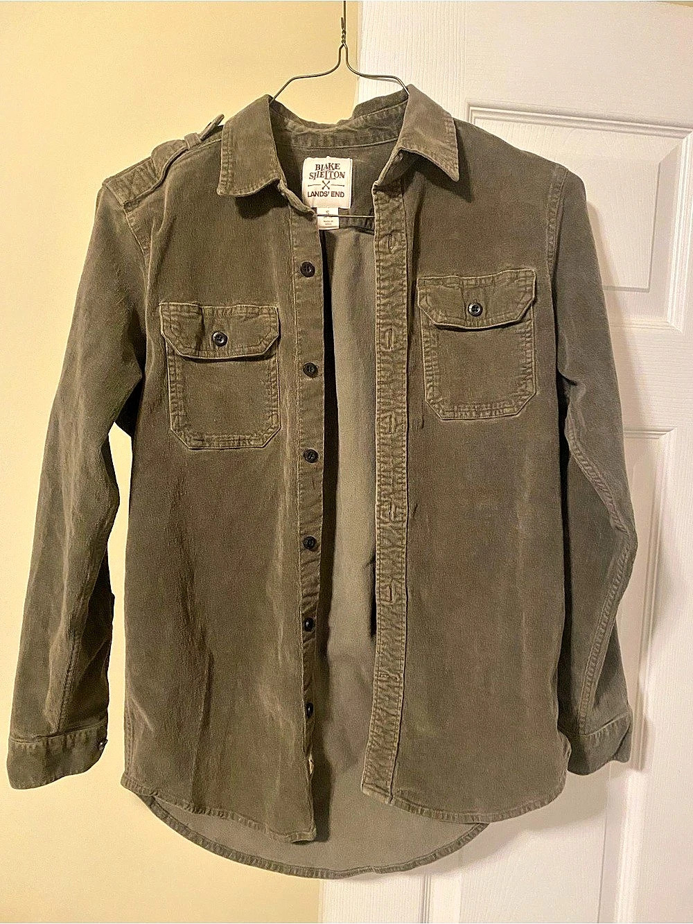 Blake Shelton lands end corduroy olive green shacket